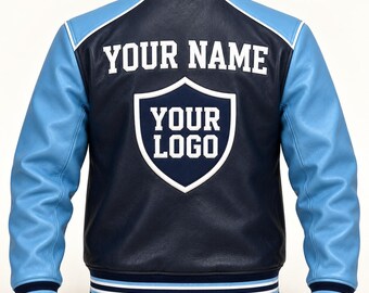 Navy and Sky Blue Sheep Leather Varsity Jacket, Custom Team Name and Logo