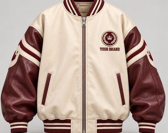 Cream Burgundy Sheep Leather Varsity Bomber Jacket with Personalized Applique Lettering