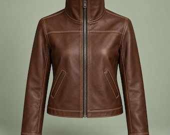 Women's Chocolate Brown Funnel Neck Leather Jacket, Contrast Stitching, Cropped Fit