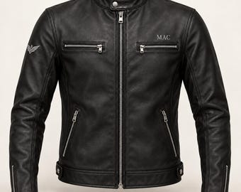 Chaqueta de hombre de piel de oveja negra estilo Cafe Racer con nombre personalizado y bordado de alas.