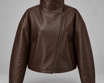 Women's Dark Brown Funnel Neck Leather Jacket, Asymmetric Zip, Cropped Boxy Fit