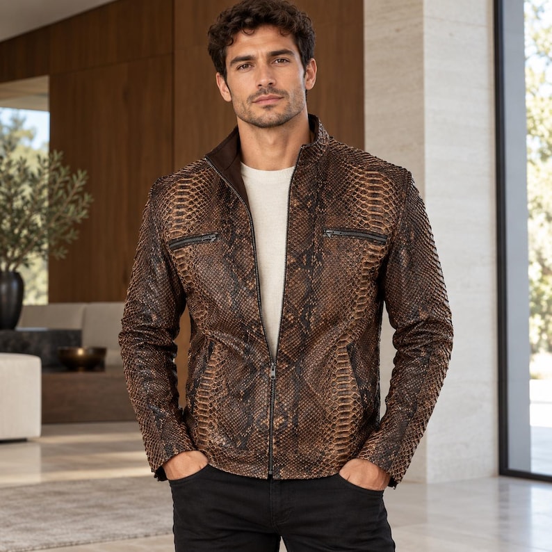 Peut inclure: Une veste en cuir &agrave; motif peau de serpent marron et noir avec un col montant, une fermeture &eacute;clair frontale int&eacute;grale et deux poches poitrine zipp&eacute;es horizontales, port&eacute;e sur un haut blanc et un pantalon noir.