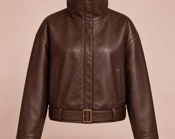 Women's Dark Chocolate Funnel Neck Leather Jacket, Belted Hem, Boxy Fit