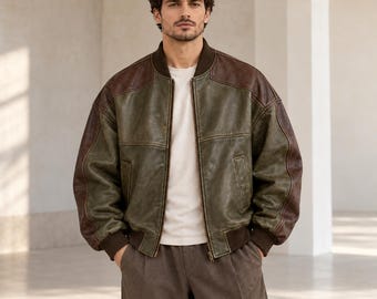 Men’s Oversized Olive Leather Bomber Jacket with Chocolate Shoulder and Sleeve Panels