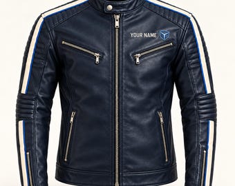 Chaqueta de cuero azul marino con rayas de carreras para hombre, estilo Cafe Racer personalizado.