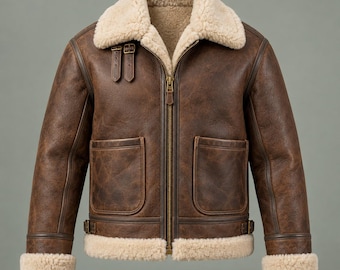 Chaqueta de cuero estilo B3 color castaño desgastado con forro de piel sintética y bolsillos de parche.