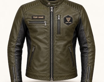 Chaqueta estilo café racer de cuero color oliva para hombre, con parches personalizados con nombre.