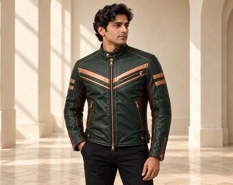 Forest Green Cafe Racer Jacket with Copper Stripes and Brown Contrast Panels