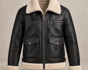 Chaqueta de aviador negra de piel estilo cargo con forro de piel sintética color crema.