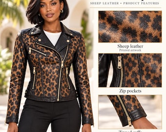 Chaqueta de piel de oveja con estampado de leopardo para mujer, negra y caramelo, ajustada, estilo motociclista.