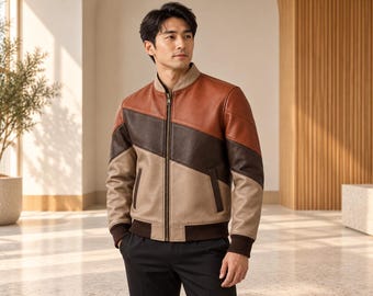 Chaqueta bomber tricolor color topo con canesú color óxido y paneles diagonales color espresso.