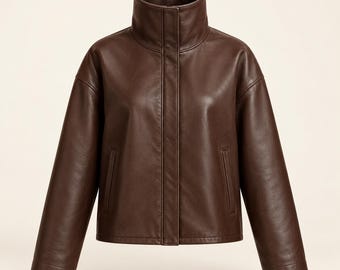 Women's Chocolate Brown Funnel Neck Leather Jacket, Boxy Fit, Concealed Zip