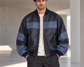 Men’s Oversized Navy Leather Bomber Jacket with Slate Blue Chest and Sleeve Panels