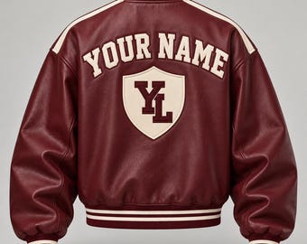 Chaqueta universitaria de piel de oveja color burdeos, con nombre y logotipo personalizados, estilo bomber holgado.