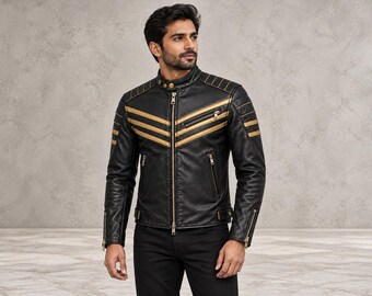 Black Gold Cafe Racer Jacket with Triple Chevron Stripes