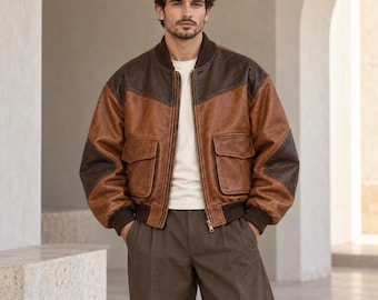 Men’s Oversized Cognac Leather Bomber Jacket with Espresso Panels and Flap Pockets