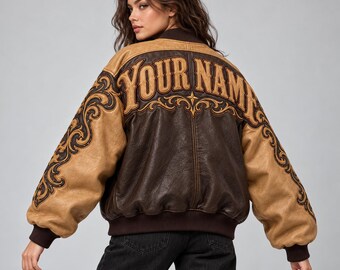 Brown Tan Sheep Leather Bomber Jacket with Western Scroll Applique and Personalization