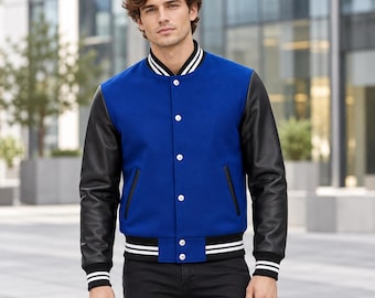 Chaqueta universitaria de lana azul marino para hombre con mangas de cuero negro.