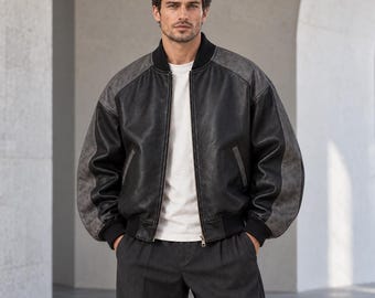 Men’s Oversized Black Leather Bomber Jacket with Charcoal Panels, Baggy Fit