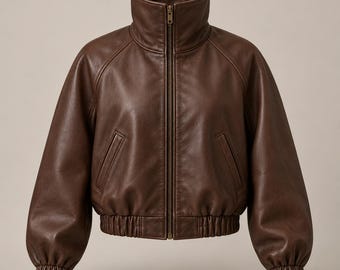 Women's Chocolate Brown Funnel Neck Leather Bomber, Cropped Fit, Raglan Sleeves