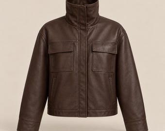 Women's Chocolate Brown Funnel Neck Leather Jacket, Utility Pockets, Cropped Fit
