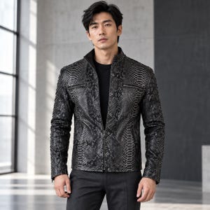 Schwarze Herren-Lederjacke aus Rindsleder mit Pythonmuster und Stehkragen