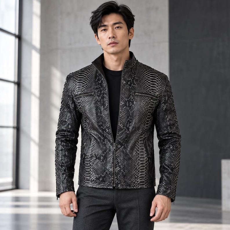 Peut inclure: Une veste noire avec un motif textur&eacute; en peau de serpent, dot&eacute;e d'un col montant, d'une fermeture &eacute;clair frontale int&eacute;grale et de deux poches zipp&eacute;es sur la poitrine. Port&eacute;e sur un t-shirt noir avec un pantalon gris fonc&eacute;.
