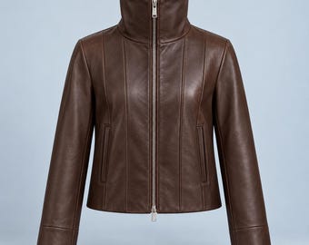 Women's Cocoa Brown Funnel Neck Leather Jacket, Panel Seams, Two Way Zip
