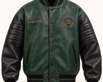 Oversized Sheep Leather Varsity Jacket, Forest Green and Black, Gold Name Embroidery