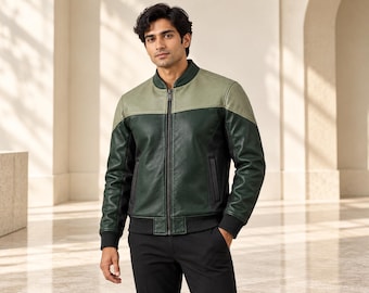 Forest Green Bomber Jacket with Sage Yoke and Charcoal Side Panels