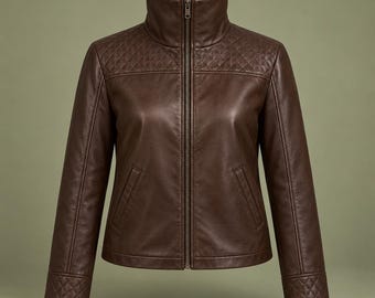 Women's Espresso Brown Funnel Neck Leather Jacket, Quilted Yoke, High Collar