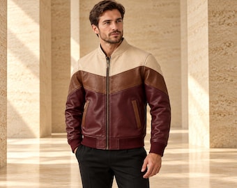 Burgundy Three Tone Bomber Jacket with Sand Yoke and Curved Chestnut Panels