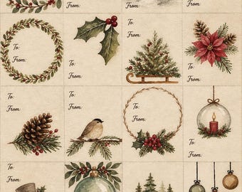 Etiquetas de regalo navideñas vintage en acuarela: Juego de 16 etiquetas imprimibles (descarga digital)