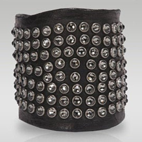 Black Leather Cuff | Gunmetal Swarovski Crystals| Genuine Leather Bracelets| Anat Marin Rocker Bracelets| Boho| Rustic Accessory