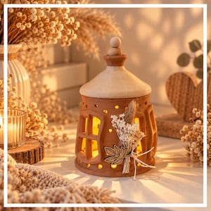 May include: A terracotta house-shaped candle holder with a light-coloured wooden roof and a small wooden knob on top. The structure features cut-out windows and is decorated with a small bundle of dried white flowers and a wooden leaf cutout.