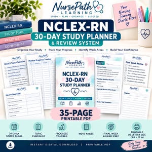 Könnte beinhalten: Ein 35-seitiges, druckbares NCLEX-RN 30-Tage-Lernplaner- und Überprüfungssystem als PDF. Das Set enthält eine Themen-Checkliste, einen Fortschritts-Tracker, tägliche Lernseiten und Blätter für die abschließende Wochenwiederholung.