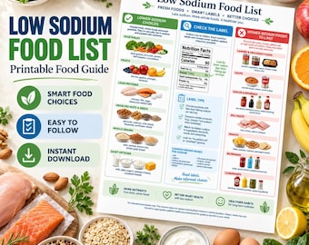 May include: A printable Low Sodium Food List guide featuring sections for lower-sodium choices, label reading tips, and higher-sodium foods to limit. The document includes colourful illustrations of fresh produce, grains, and proteins, with clear text.