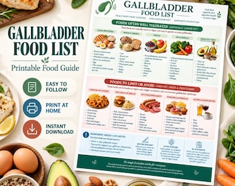 May include: A printable Gallbladder Food List guide featuring categorised sections for foods to tolerate and foods to avoid. The document includes text, icons, and illustrations of various food items, organised into columns with headings like Lean Proteins, Whole Grains, Fruits, Vegetables, and Healthy Fats.