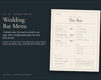 Editable Wedding Bar Menu Template, Cocktail, Wine, Beer, Zero Proof (Canva PDF)