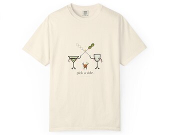The Garnish War | Funny Martini Tee, pick a side olive vs onion shirt, Gibson gift for bartender