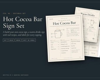 Hot Cocoa Bar Sign Set, Warm Drinks Menu, Topping Labels (Editable Canva Template)