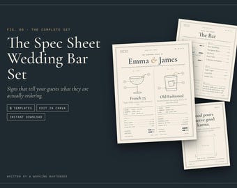 Wedding Bar Sign Bundle, Signature Drinks, Menu, Tip Signs (Editable Canva Templates)