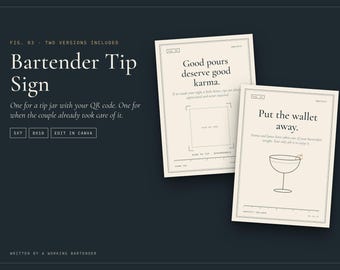 Wedding Bartender Tip Sign, QR Code or Gratuity Included (Editable Canva Download)
