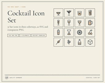 31 Cocktail Bar Icons, SVG PNG Bundle, Three Colorways (Digital Download)