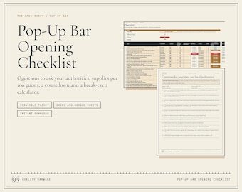 Pop-Up Bar Opening Checklist, Supplies, Break-Even Calculator (Digital Download)