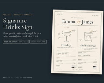 Signature Drink Sign Template, Wedding Bar Menu, Editable Canva PDF (5x7, 8x10, 18x24)