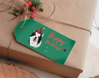 Happy Howlidays Green/Paw Print, Custom Digital Pet Portrait + Christmas Tags