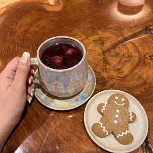 May include: A ceramic mug with a speckled blue and beige glaze filled with dark red hibiscus tea, resting on a matching saucer. Beside the mug sits a small, round, off-white plate holding a single gingerbread man biscuit with white icing.