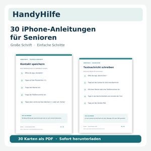 Könnte beinhalten: Ein digitaler Ratgeber mit dem Titel HandyHilfe 30 iPhone-Anleitungen für Senioren mit großer Schrift und einfachen Schritten. Das Dokument zeigt zwei Anleitungsseiten mit nummerierten Listen zum Speichern von Kontakten und Schreiben von Textnachrichten.
