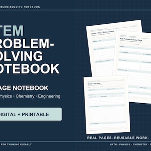 May include: A dark blue STEM problem-solving notebook with white text. The cover displays 20-page notebook, Math, Physics, Chemistry, Engineering, and Digital + Printable. Three white pages show layouts for Given, Find, Solve, Check, and Graph + Data.